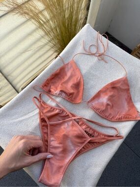 Meena Rose Copper Satin Triangle Bikini Set